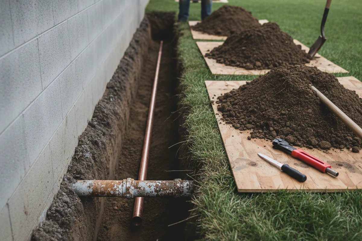 Excavated water line trench during Sewer Line Repair in Oxford